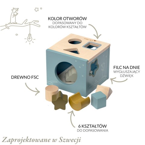 Drewniany sorter kształtów niebieski, zabawka edukacyjna dla dzieci, Micki