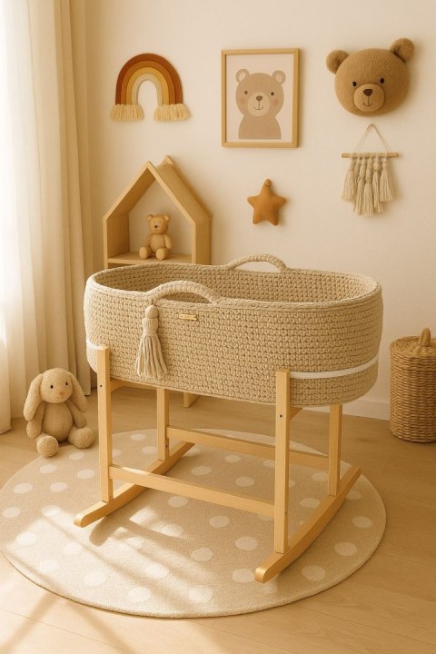 Kosz Mojżesza BOHO Handmade z kołyską - jasny beż