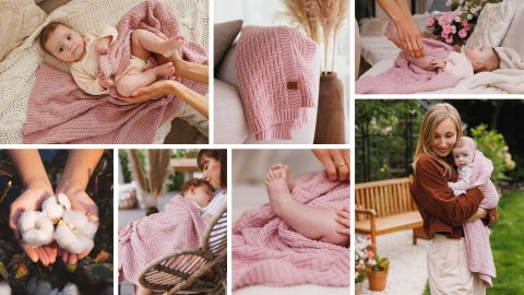 Babyono Kocyk dzianinowy bawełniany różowy