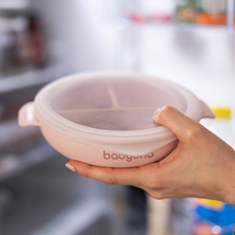 Babyono Silikonowy talerz z przyssawką i przykrywką różowy