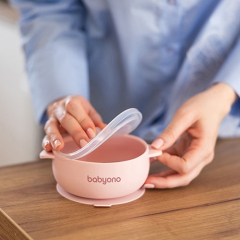 Babyono Silikonowa miseczka z przyssawką i przykrywką różowa