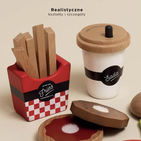 Drewniany zestaw 3w1 hamburger frytki napój, zabawka dla dzieci, Le Toy Van