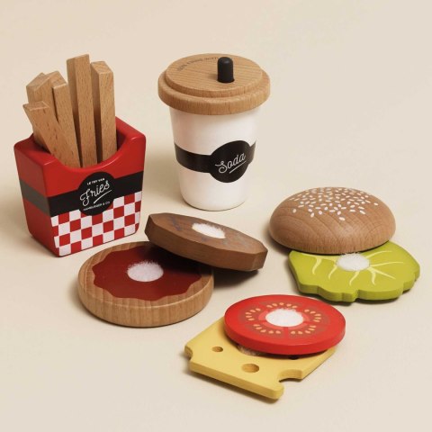 Drewniany zestaw 3w1 hamburger frytki napój, zabawka dla dzieci, Le Toy Van