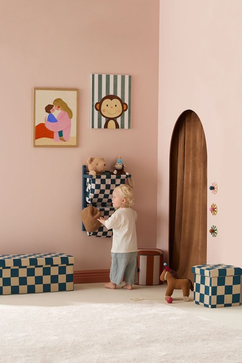 Kid's Concept - Pufa ze schowkiem w szachownicę - 80 cm, check teal