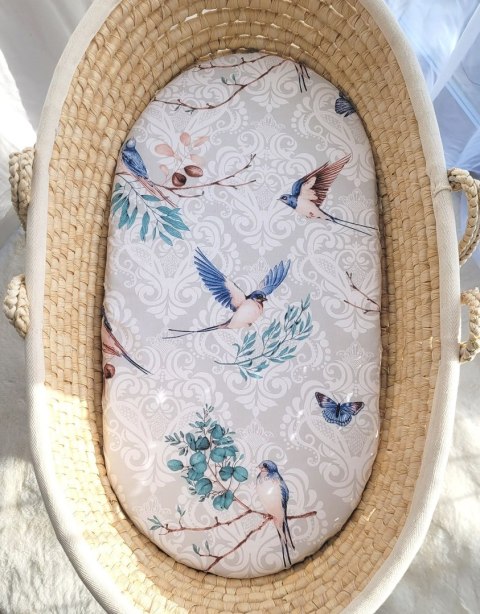 Prześcieradło bawełniane do kosza Mojżesza Boho 75x35 cm - Blue birds