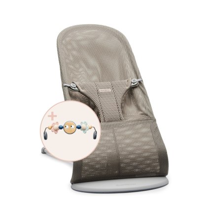 BABYBJORN - leżaczek BLISS MESH - Szarobeżowy + Zabawka Googly Eyes Pastels